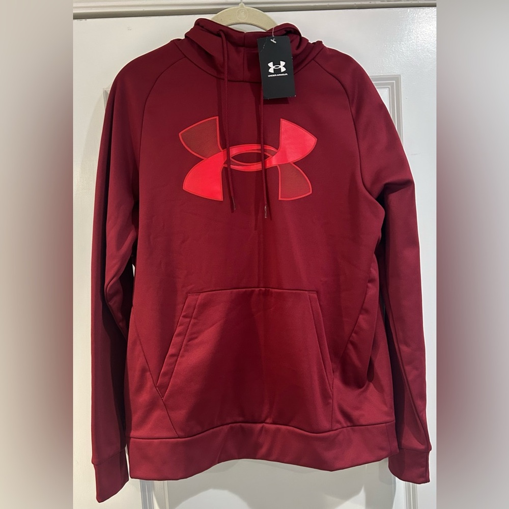 NWT Under Armour Armour Maroon Fleece Big Logo Hoodie Men’s Size S Sweatshirt - Picture 2 of 8